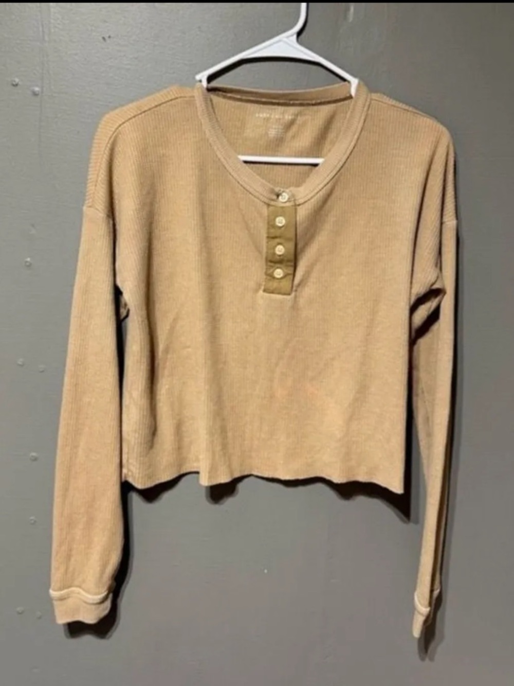 American Eagle Outfitters Tan Waffle-Knit Henley Long Sleeve Top